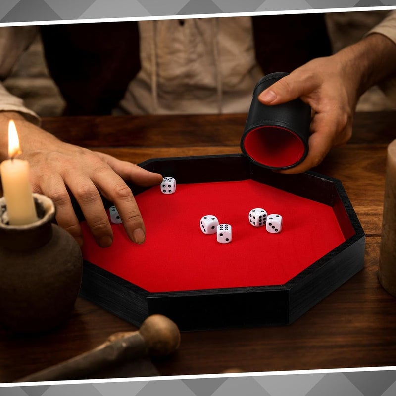 MiniInflat Octagon Tray Dice Cup Set Include Wooden Dice Tray Felt Lined PU Leather Dices Cup with 6 Dot Dices for Table Games(Black) - Image 3